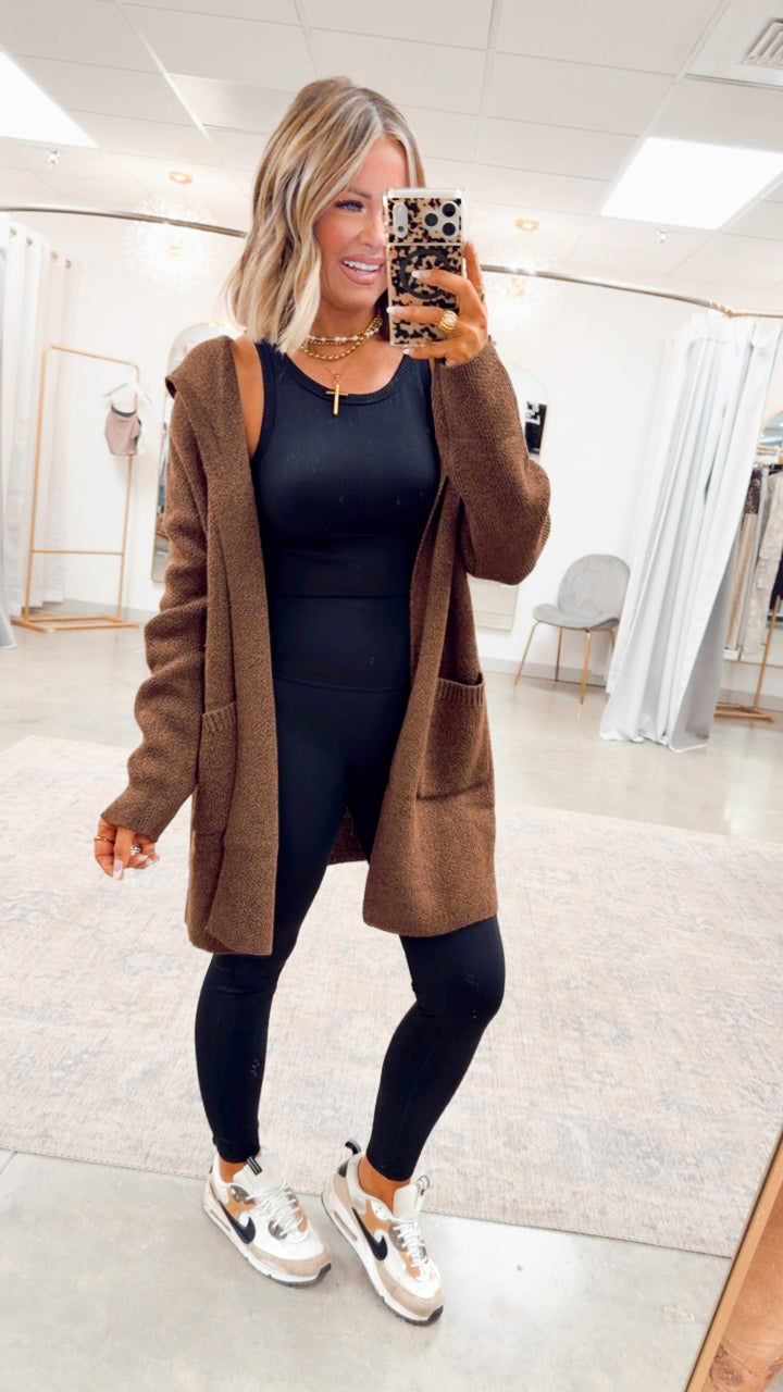 Hooded Open Front Sweater Cardigan-Brown