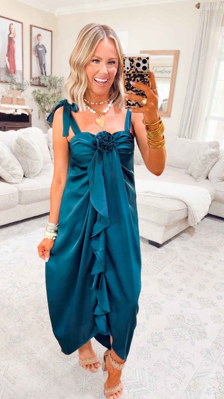 Amara Cascading Ruffle Dress-Teal Green