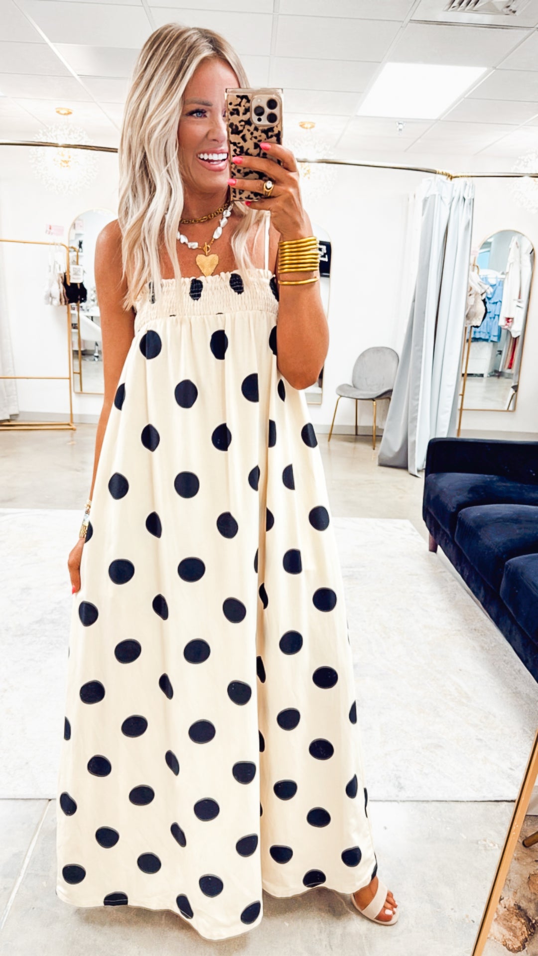 Polka Dot Smocked Maxi Dress- Cream