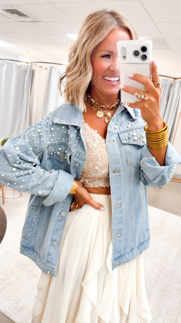 Pearl and Rhinestone Denim Jacket