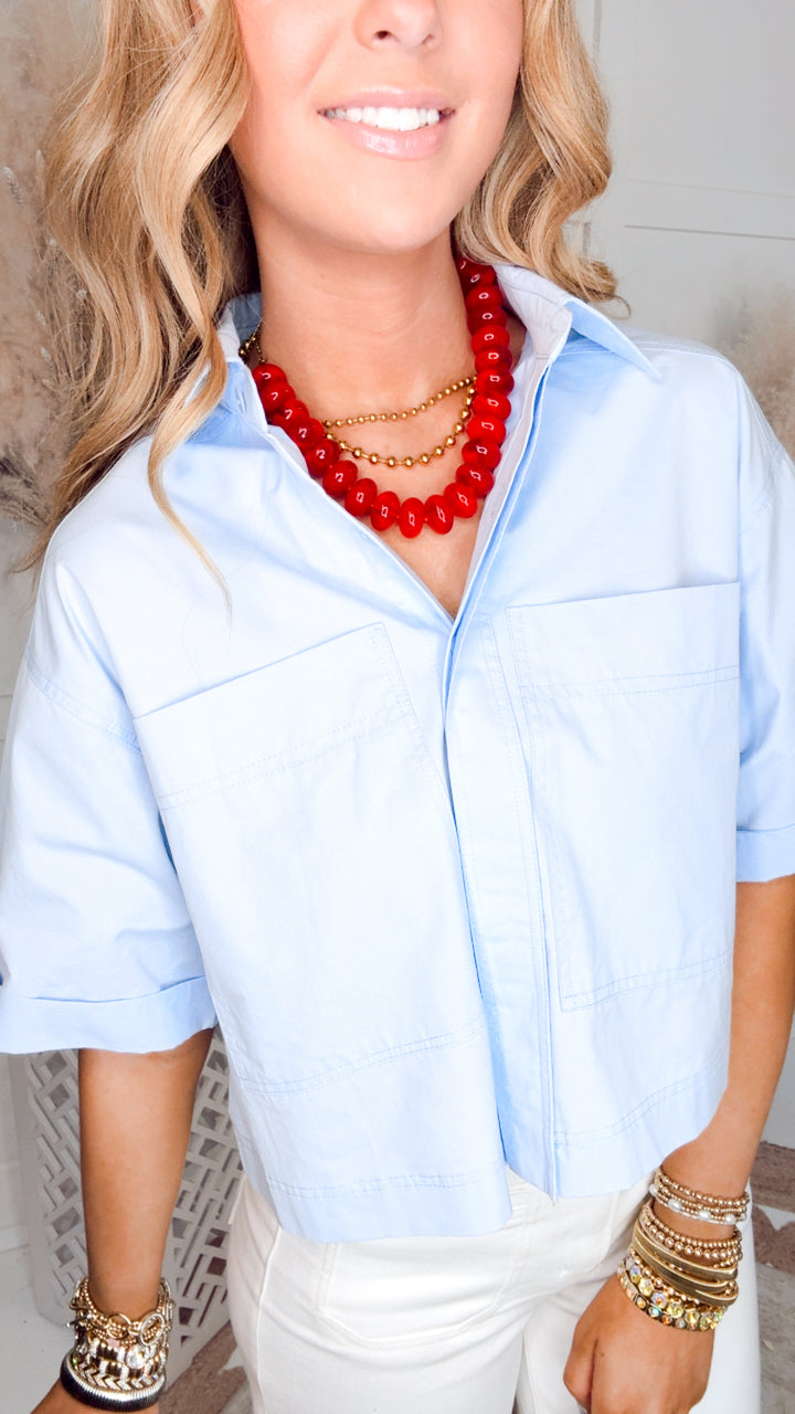 The Delaney Button Crop Top-Blue