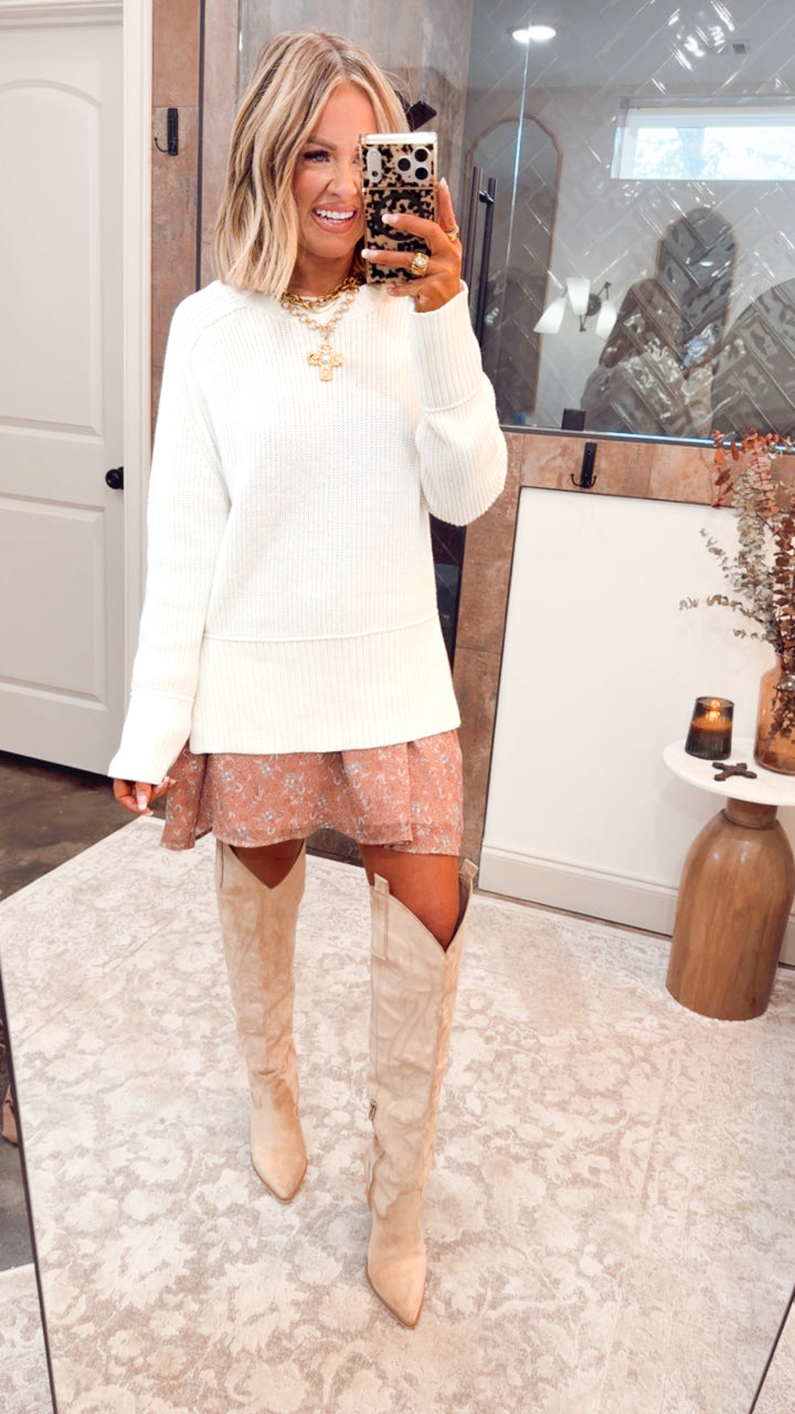 Crystal Side Slit Sweater-Cream