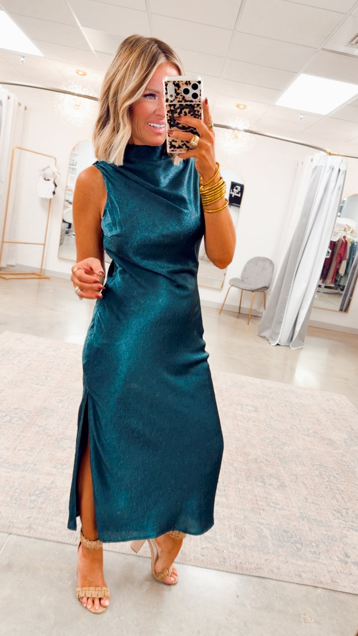Emilia Cowl Neck Satin Midi Dress