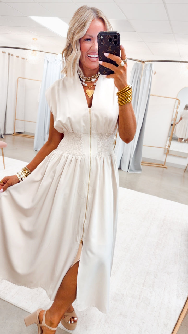 The Aveline Smocked Midi Dress-Champagne