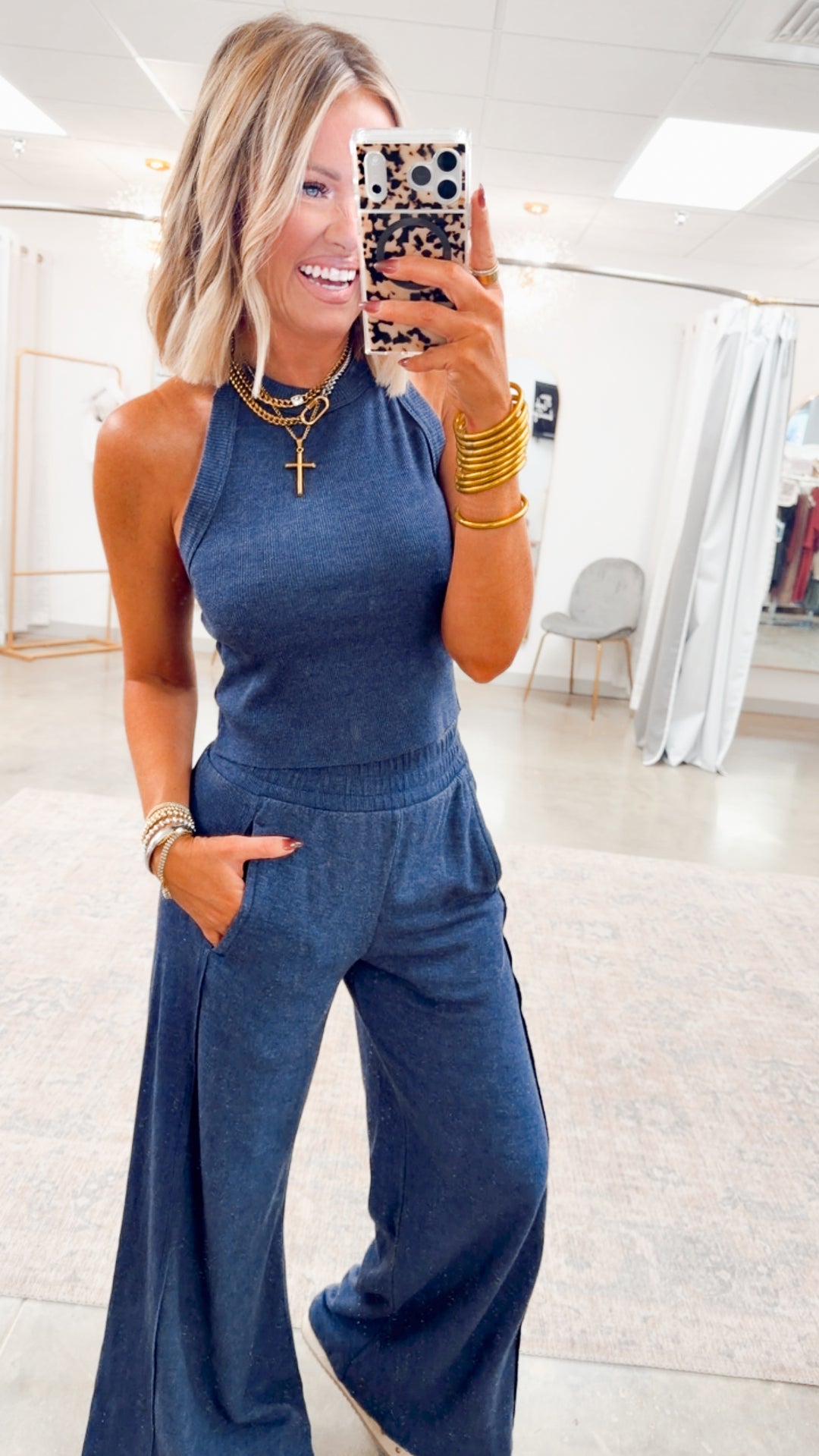 Harlow Halter Neck Crop Top & Pants Set-Navy