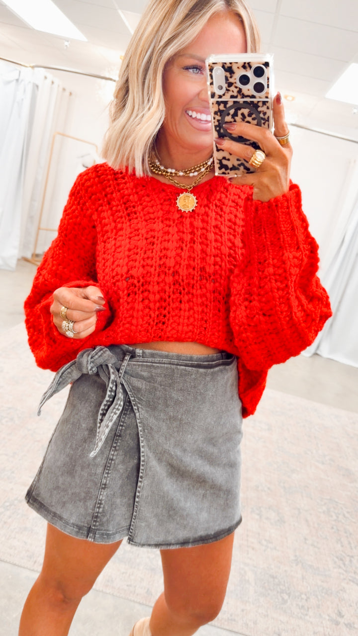 Poppy Cropped Sweater-Red