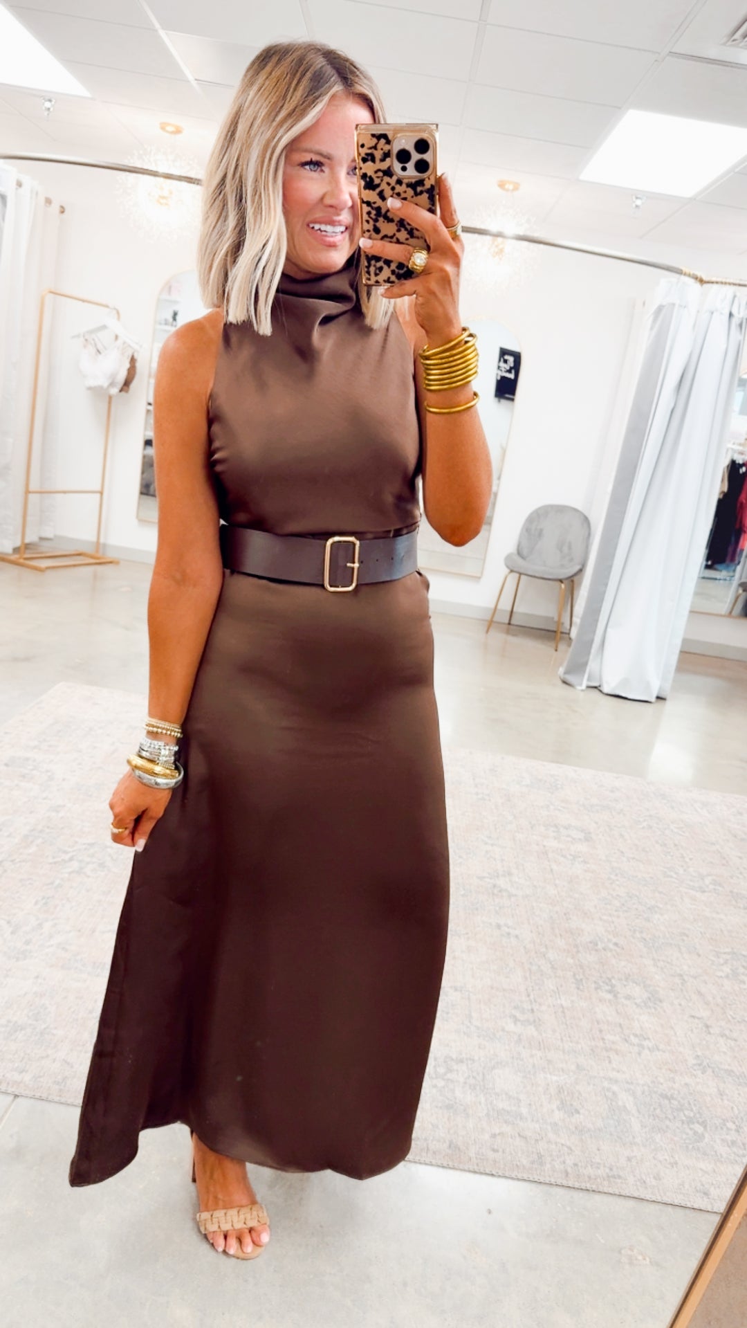 Halo High Neck Midi Dress-Brown