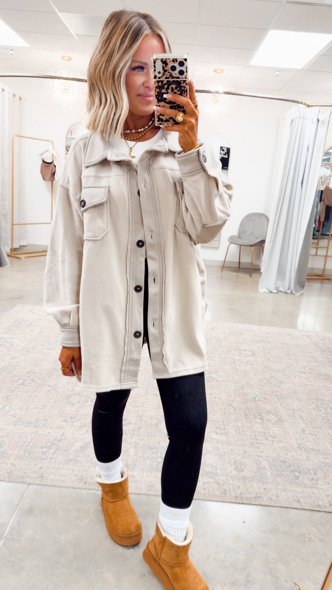 Oversized Basic Fleece Shacket-Sand Beige