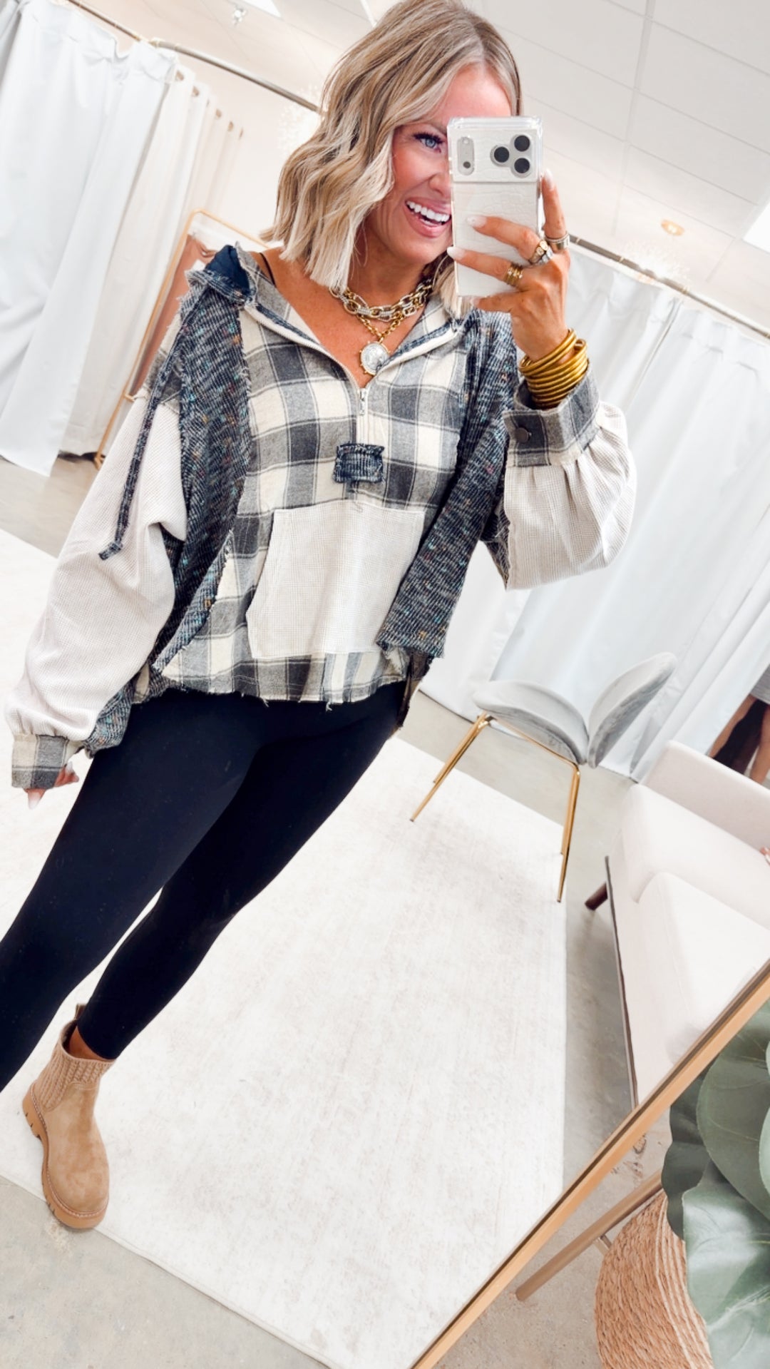 The Gypsy Soul Hoodie Top-Beige Plaid
