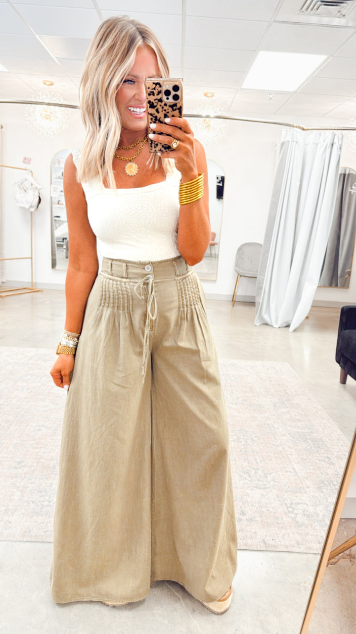 Pintuck Wide Leg Pants-Olive