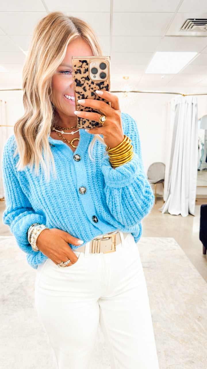 Brushed Button-up Cardigan-Blue