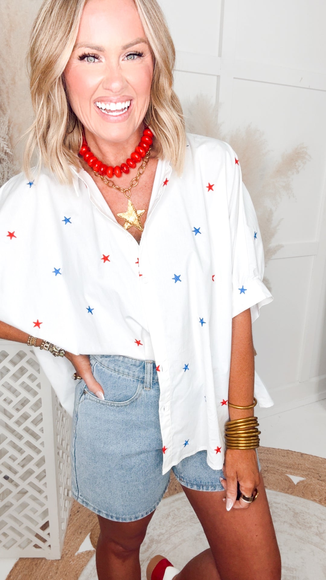 Embroidered Star Oversized Top-Red/White/Blue