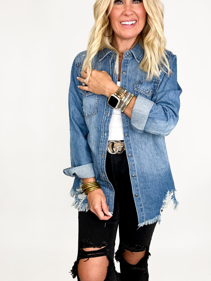 Risen Distressed Hem Denim Shirt - Medium Wash