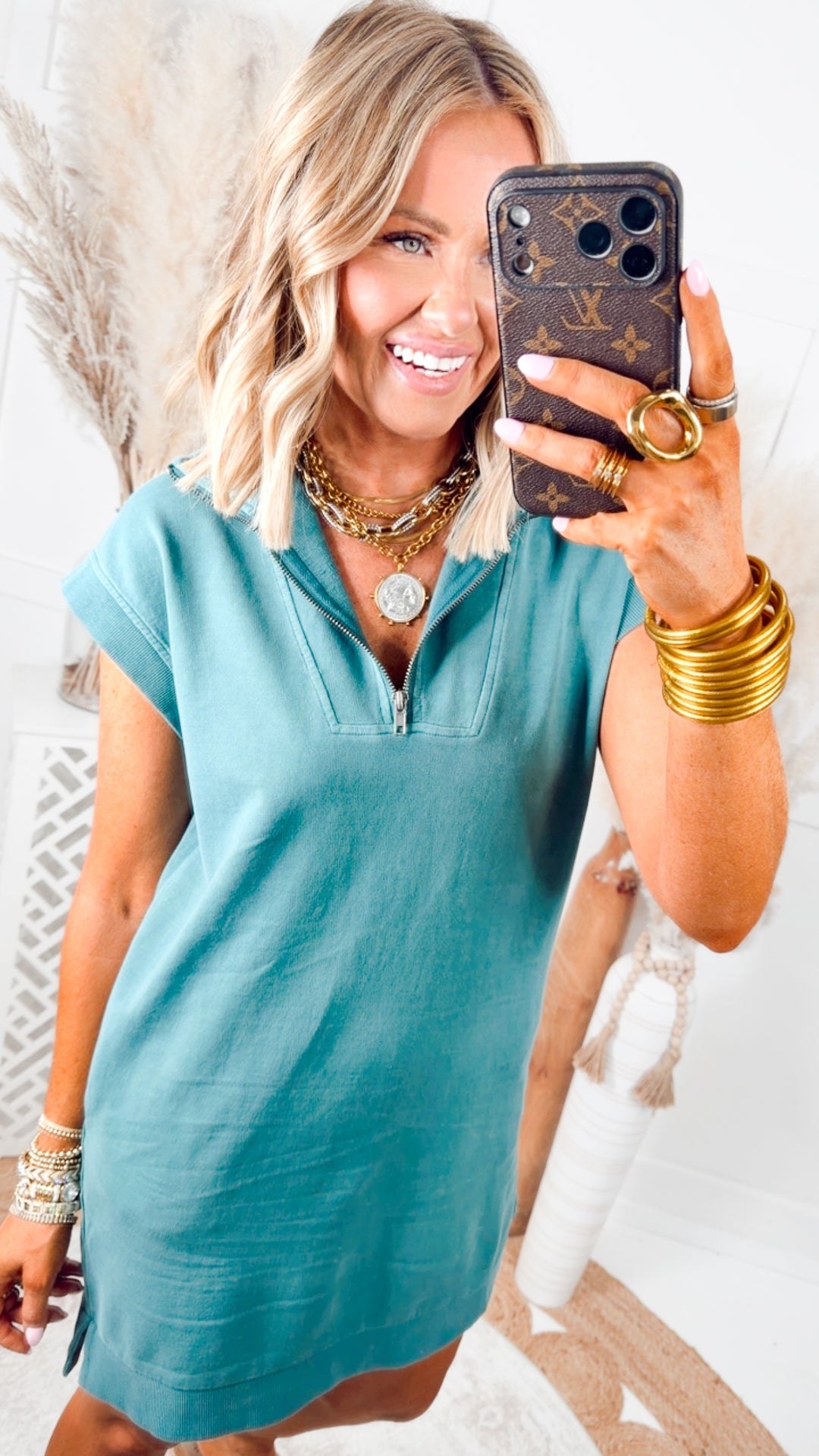 The Varsity Zip Mini Dress-Dark Teal