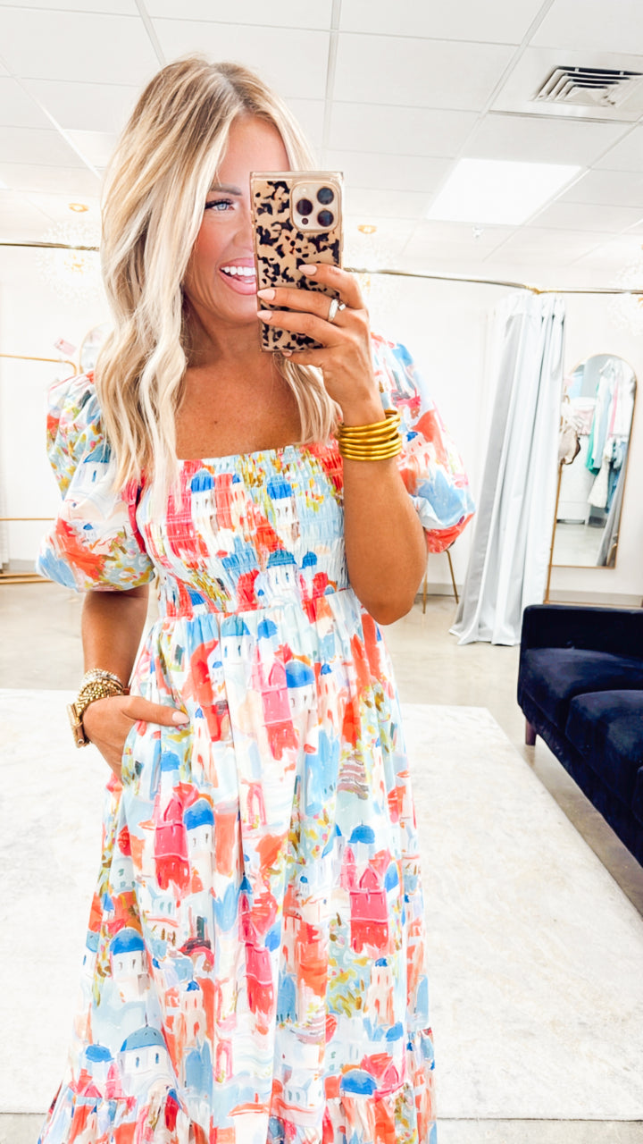 Santorini Smocked Midi Dress-Pink