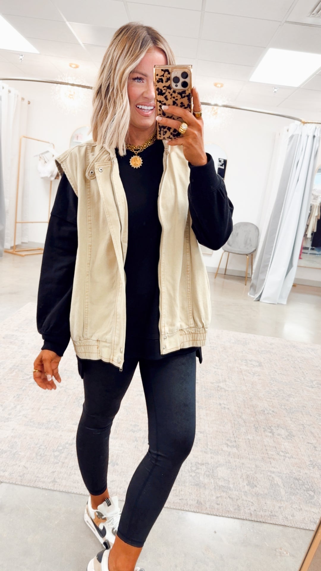 Denim High Neck Vest-Sandstone