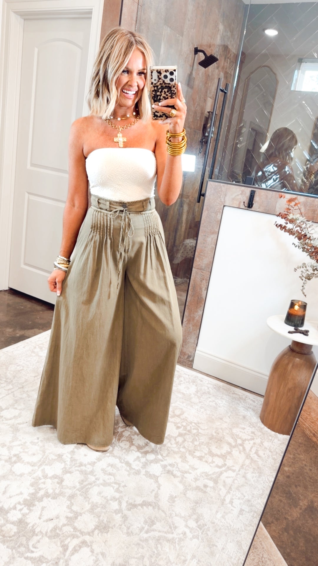 Pintuck Wide Leg Pants-Olive