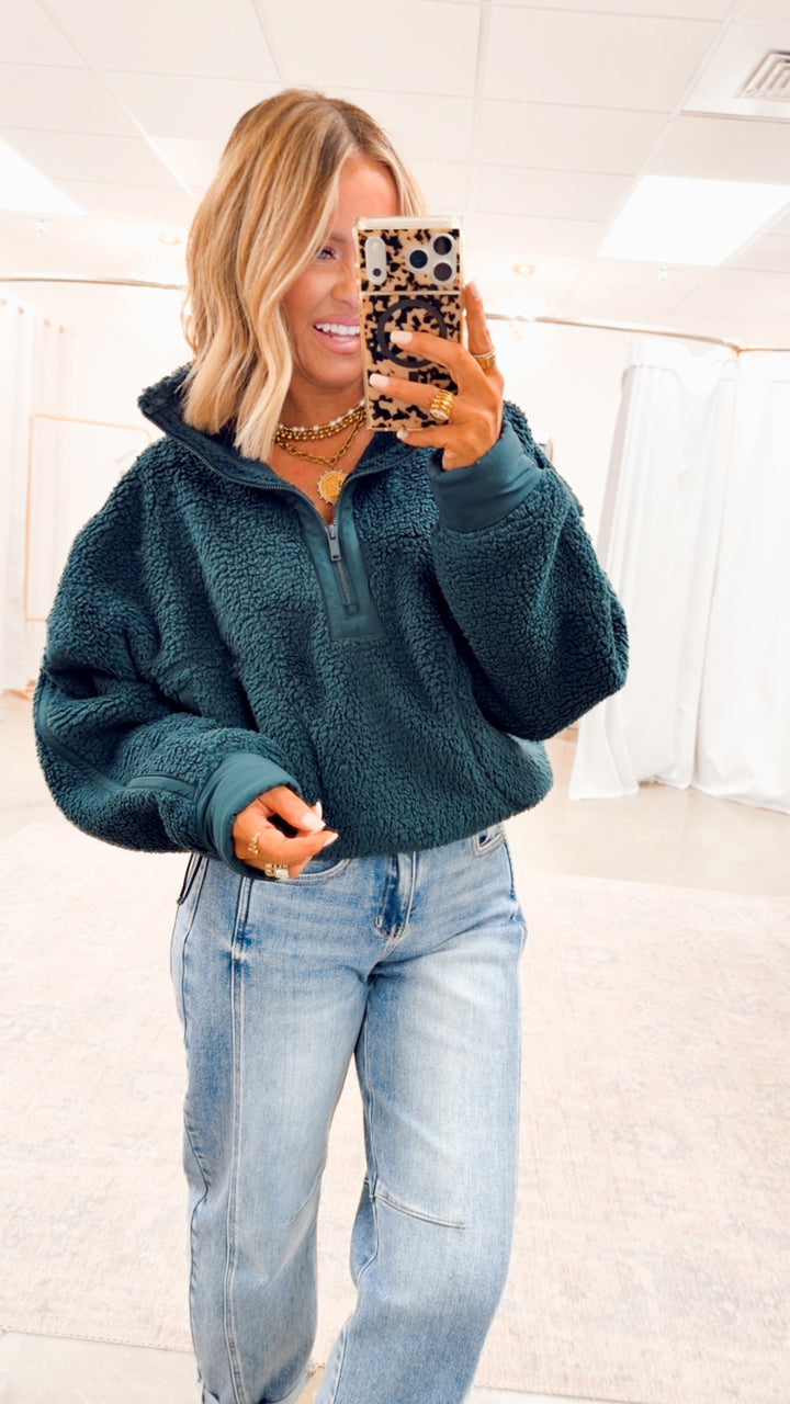 Sherpa Mock Neck Quarter Zip Jacket-Dk Green