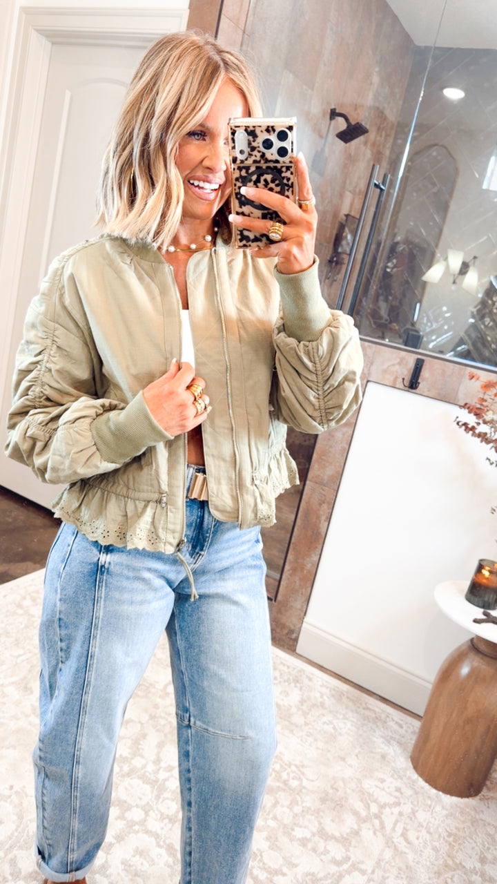 Ruched Sleeve Bomber Jacket-Light Olive