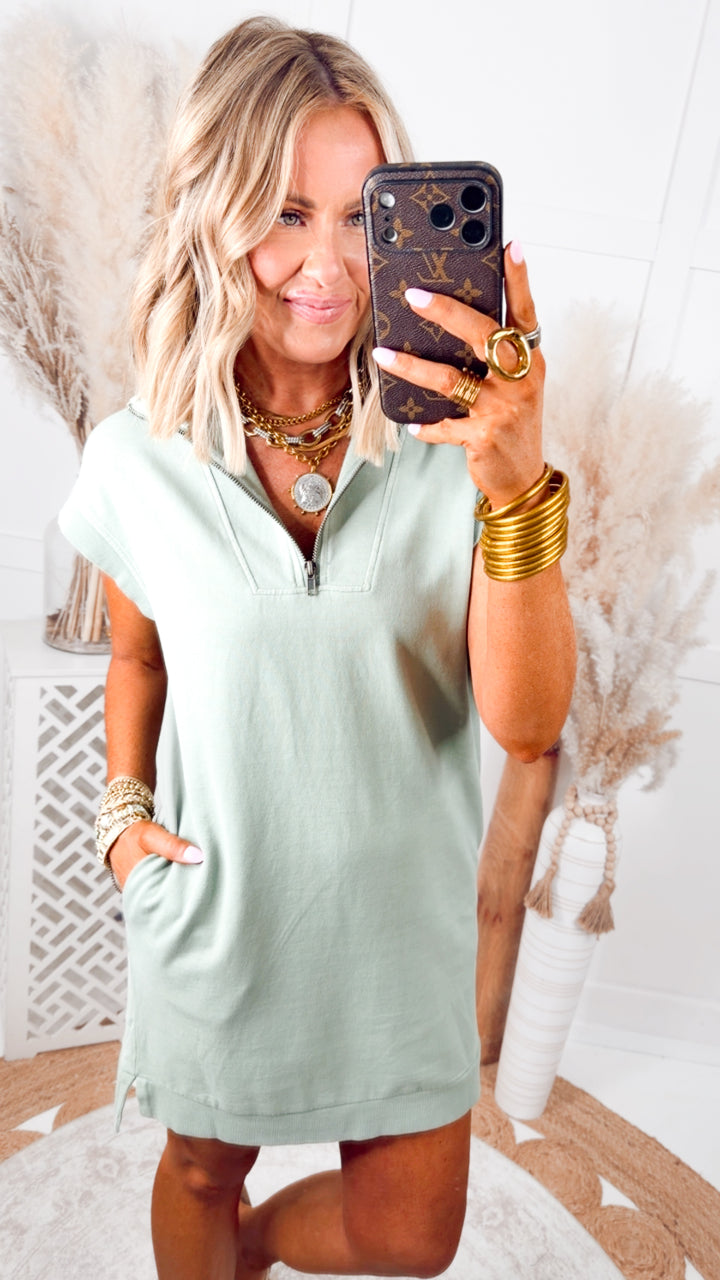 The Varsity Zip Mini Dress-Sage Green