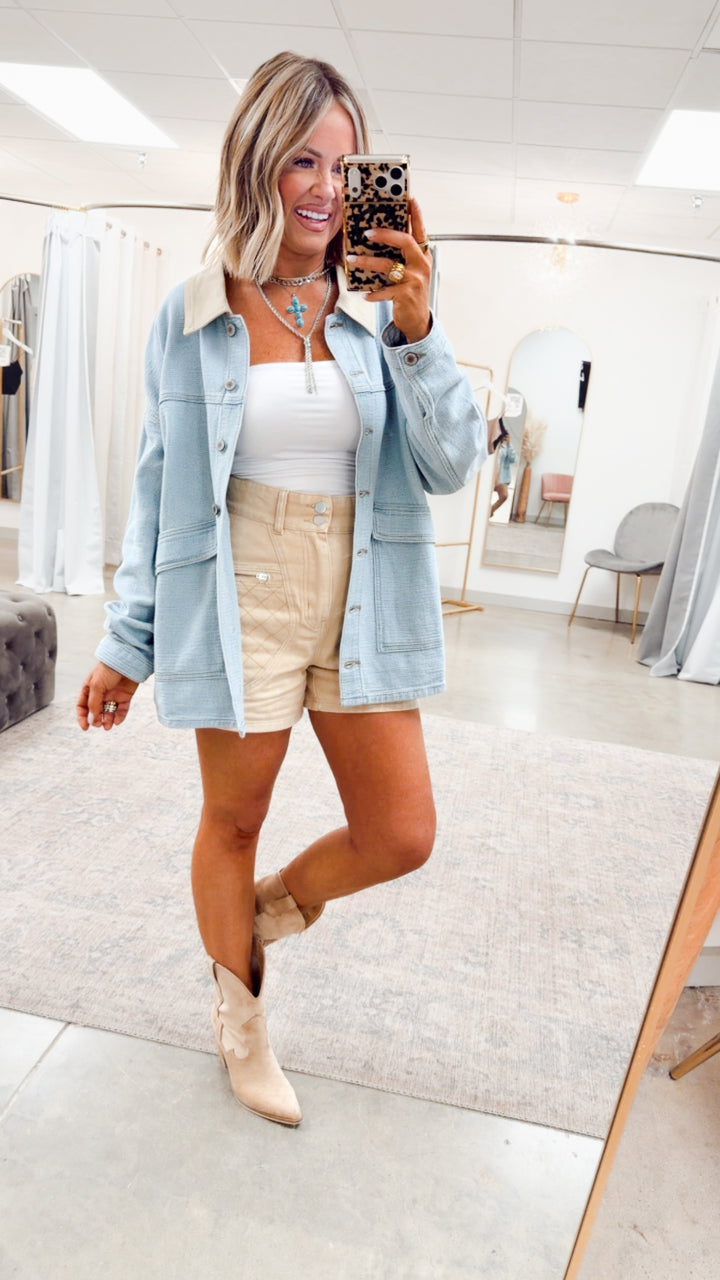 Quilted High Waist Shorts-Washed Sand