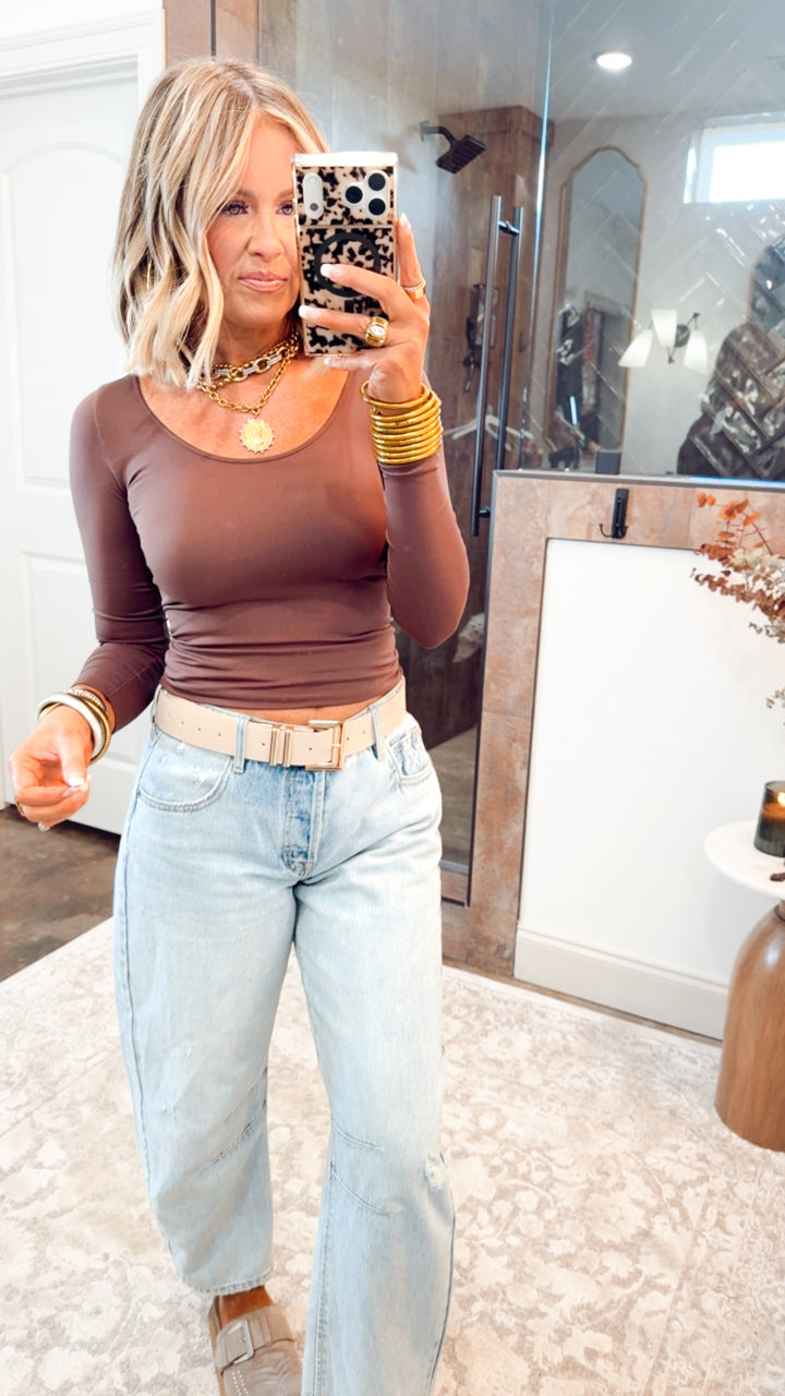 Basic Long Sleeve Scoop Neck Top-French Roast