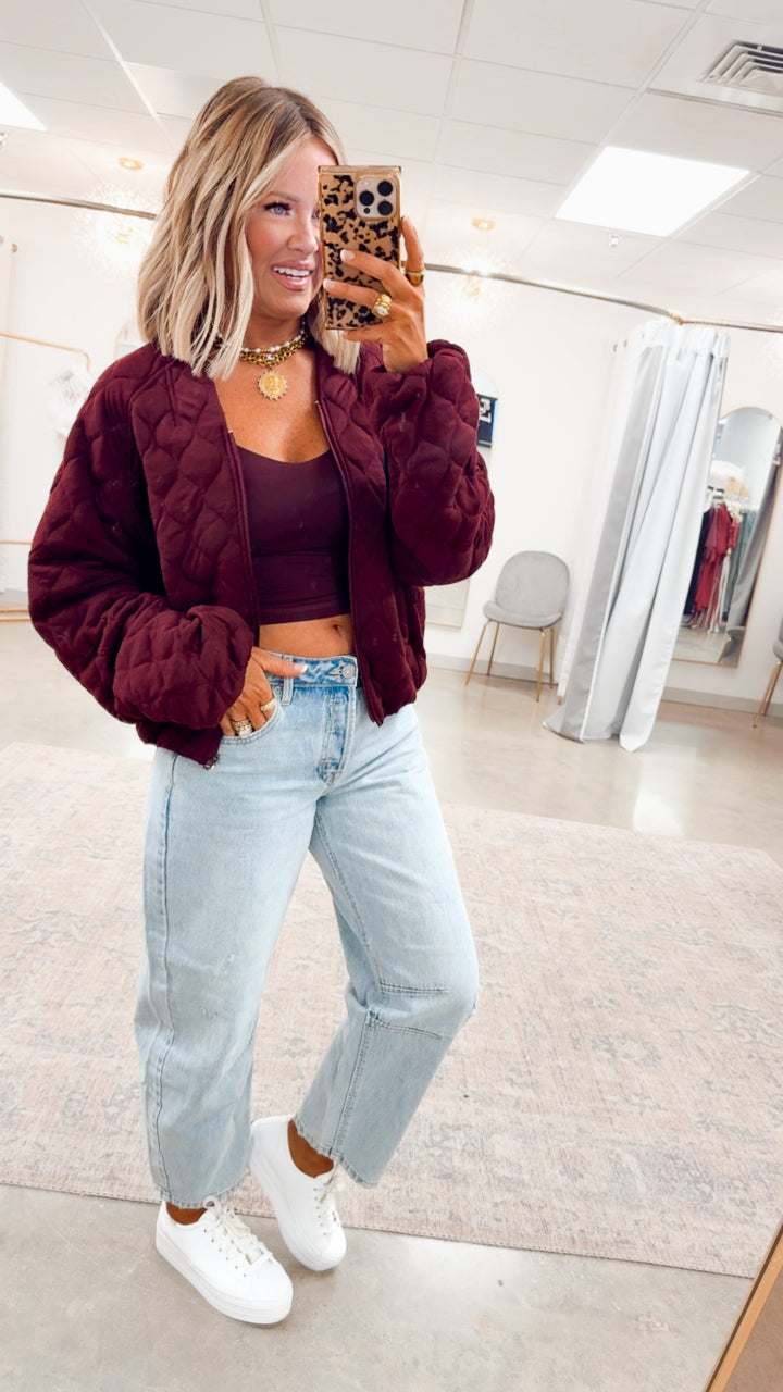 Naomi Quilted Bomber Jacket-Dark Cherry