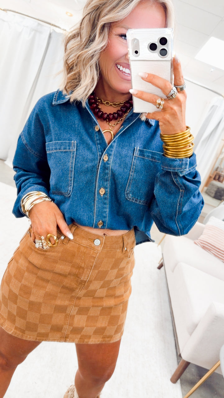 Spice It Up Checkered Denim Skirt-Tan