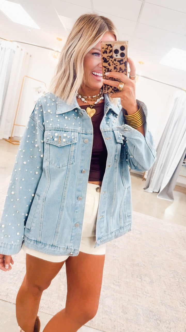 Pearl and Rhinestone Denim Jacket