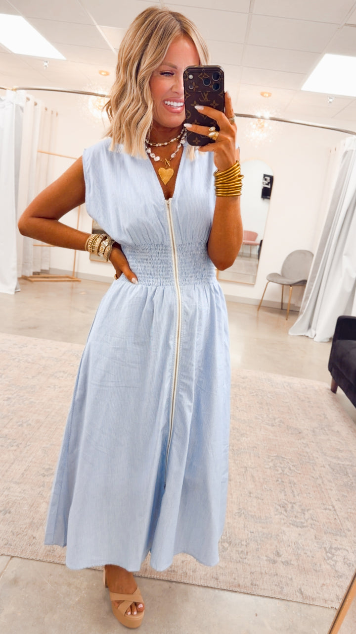 The Shore Stripe Midi Dress-Blue/White