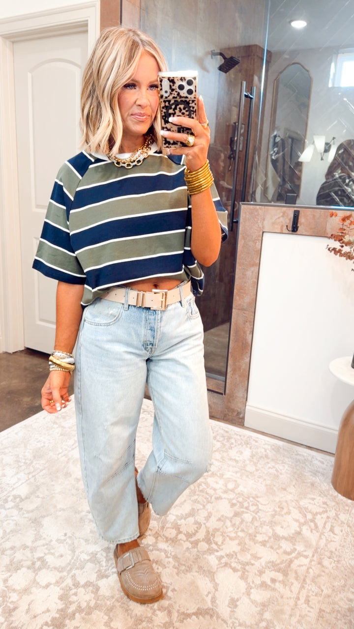 Stripe Edit Top-Olive/Navy