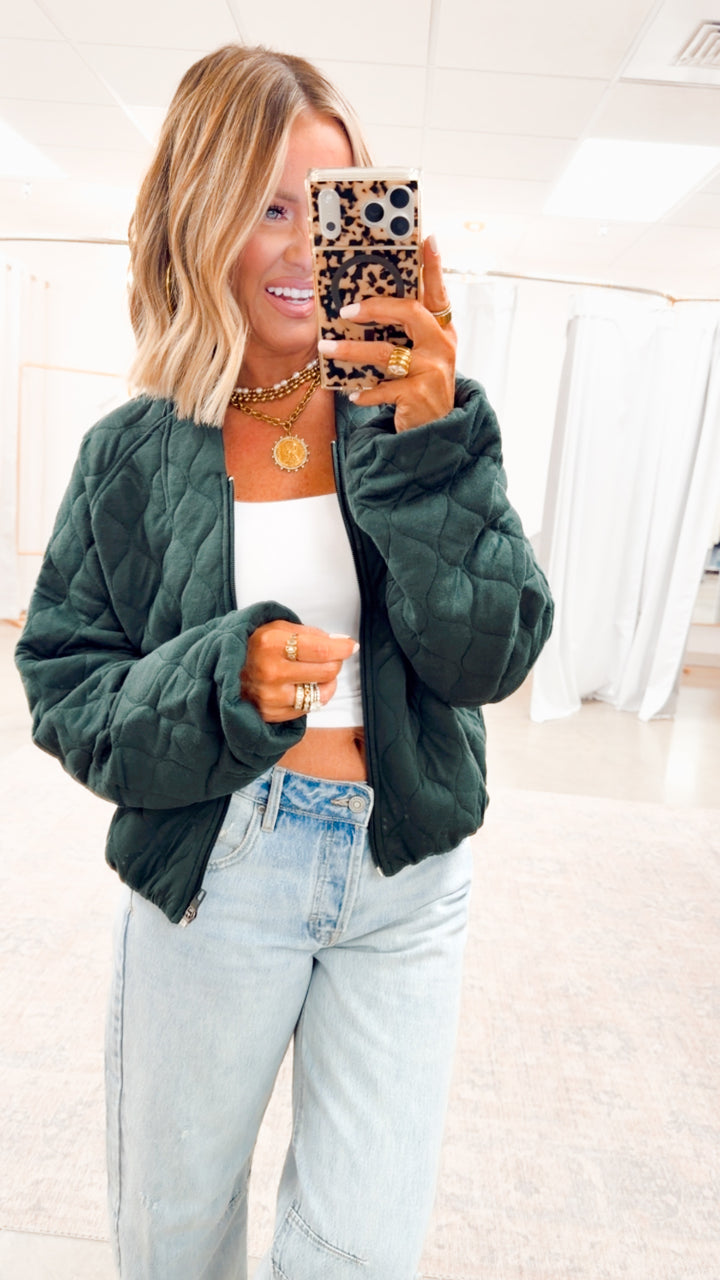 Naomi Quilted Bomber Jacket-Green