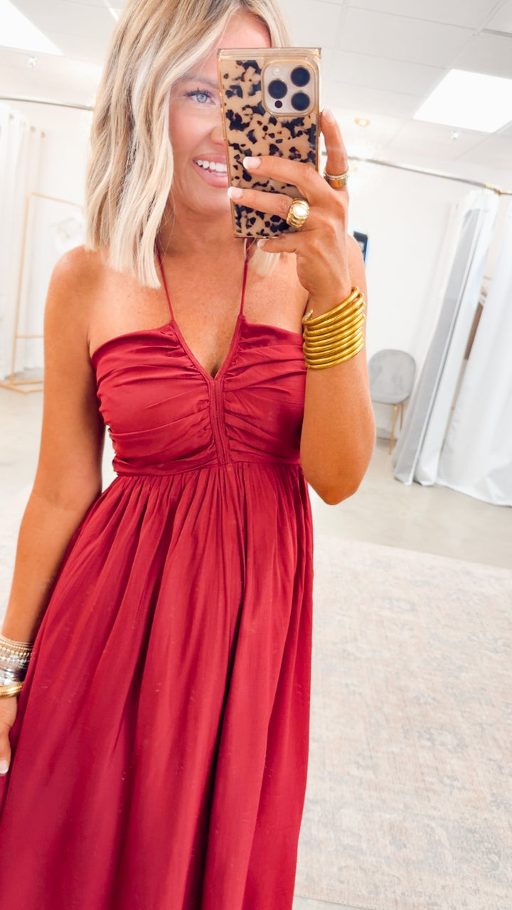 Anastasia Smocked Back Midi Dress-Wine