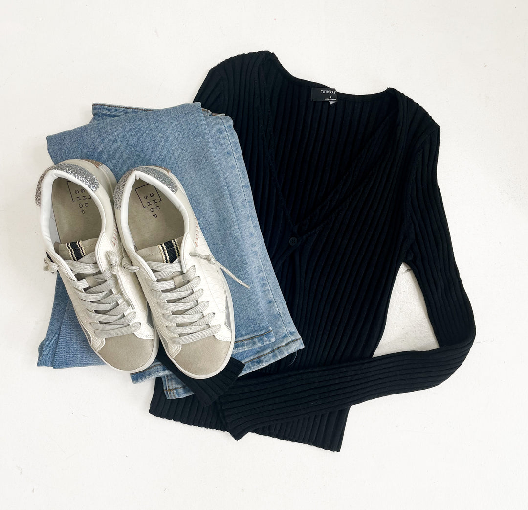 Elise Layered Ruffle Hem Sweater- Black