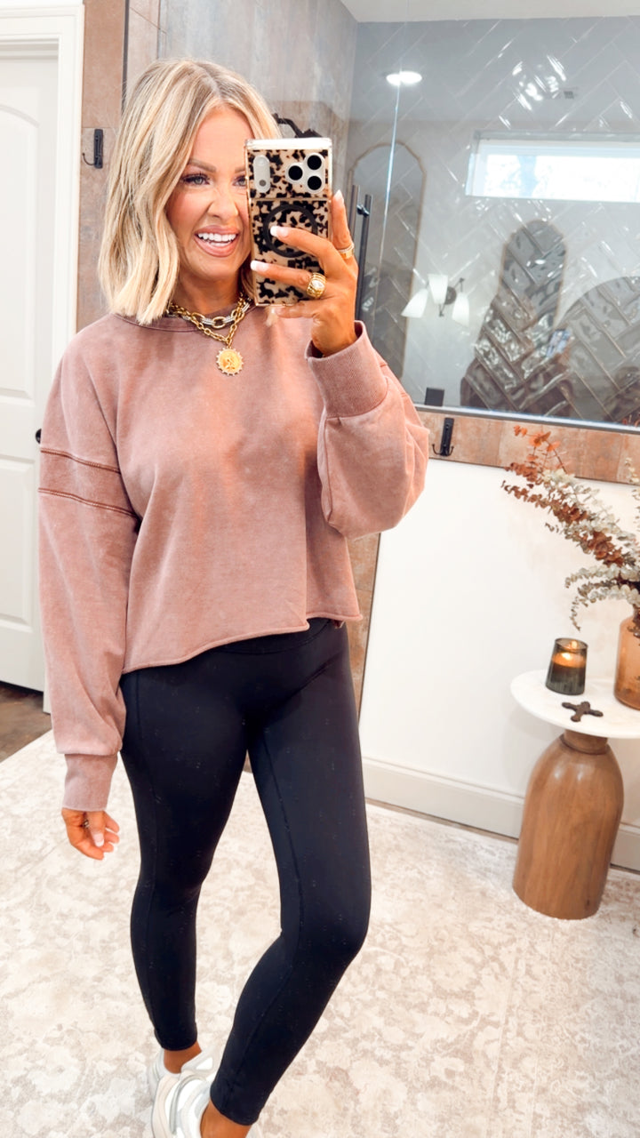 Mineral Wash Peekaboo Back Sweatshirt-Chocolate