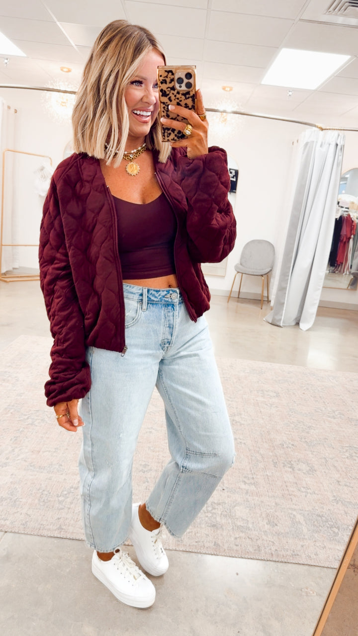 Naomi Quilted Bomber Jacket-Dark Cherry