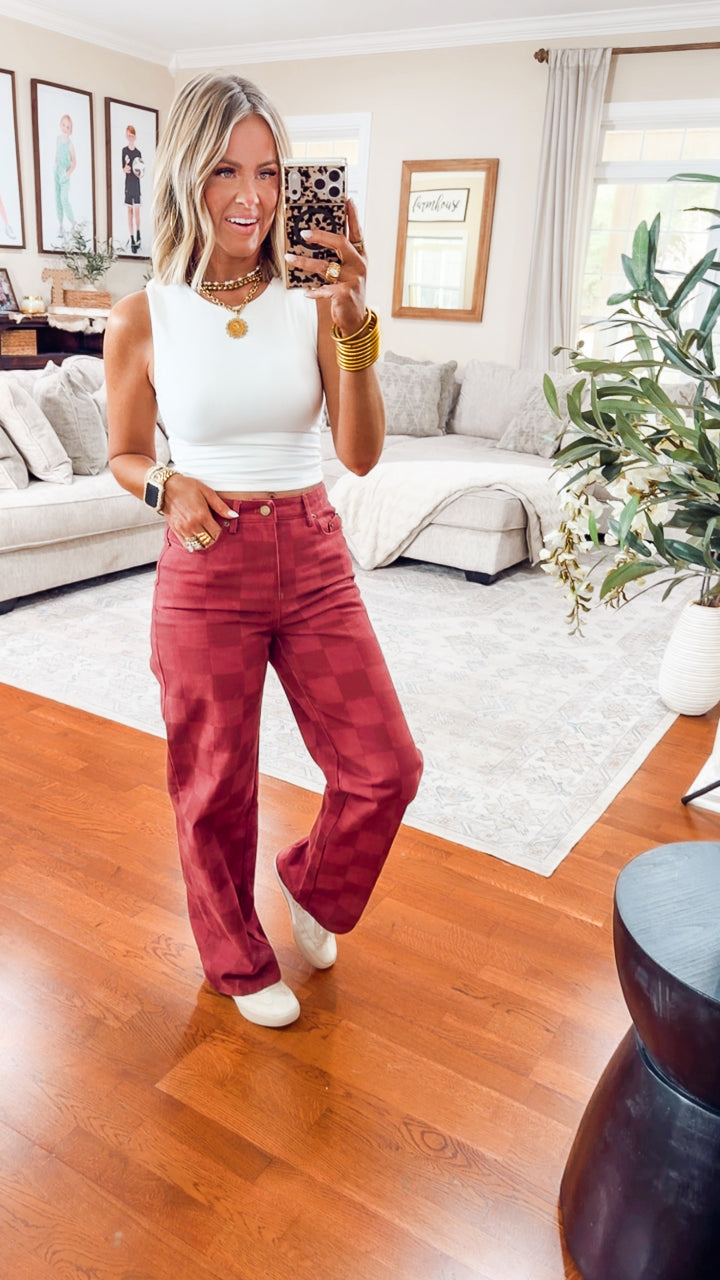 The Checkmate Cutie Jeans-Burgundy