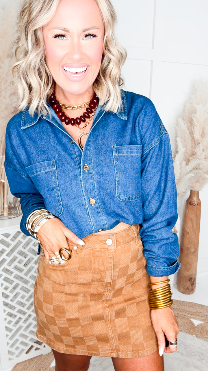 Spice It Up Checkered Denim Skirt-Tan
