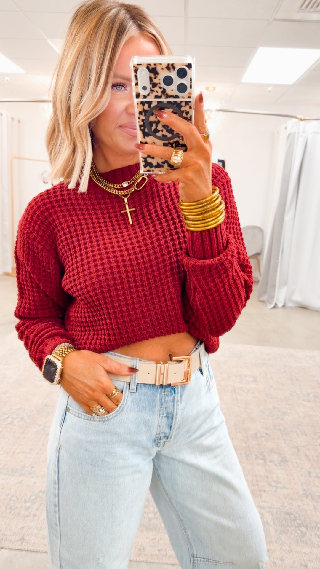 The Maren Hi-Low Waffle Knit- Cabernet