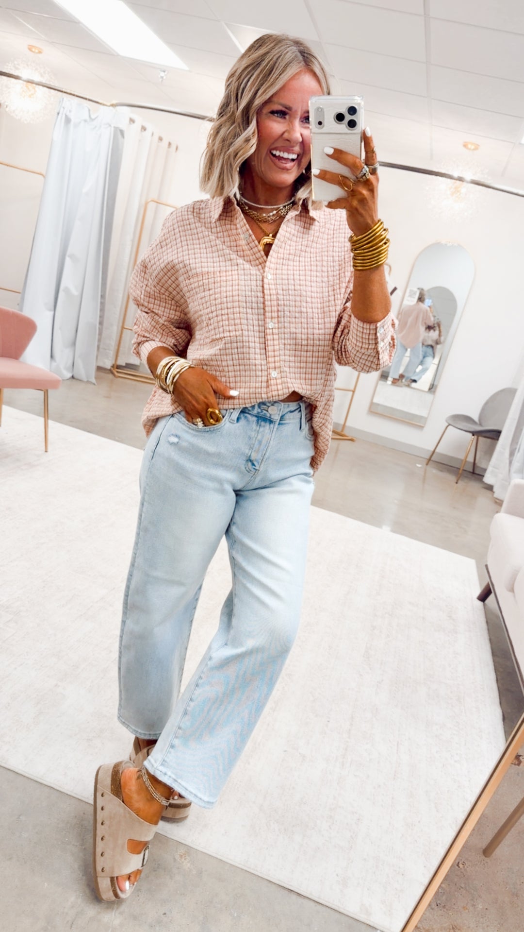 Pinstripe Plaid Oversized Shirt-Red
