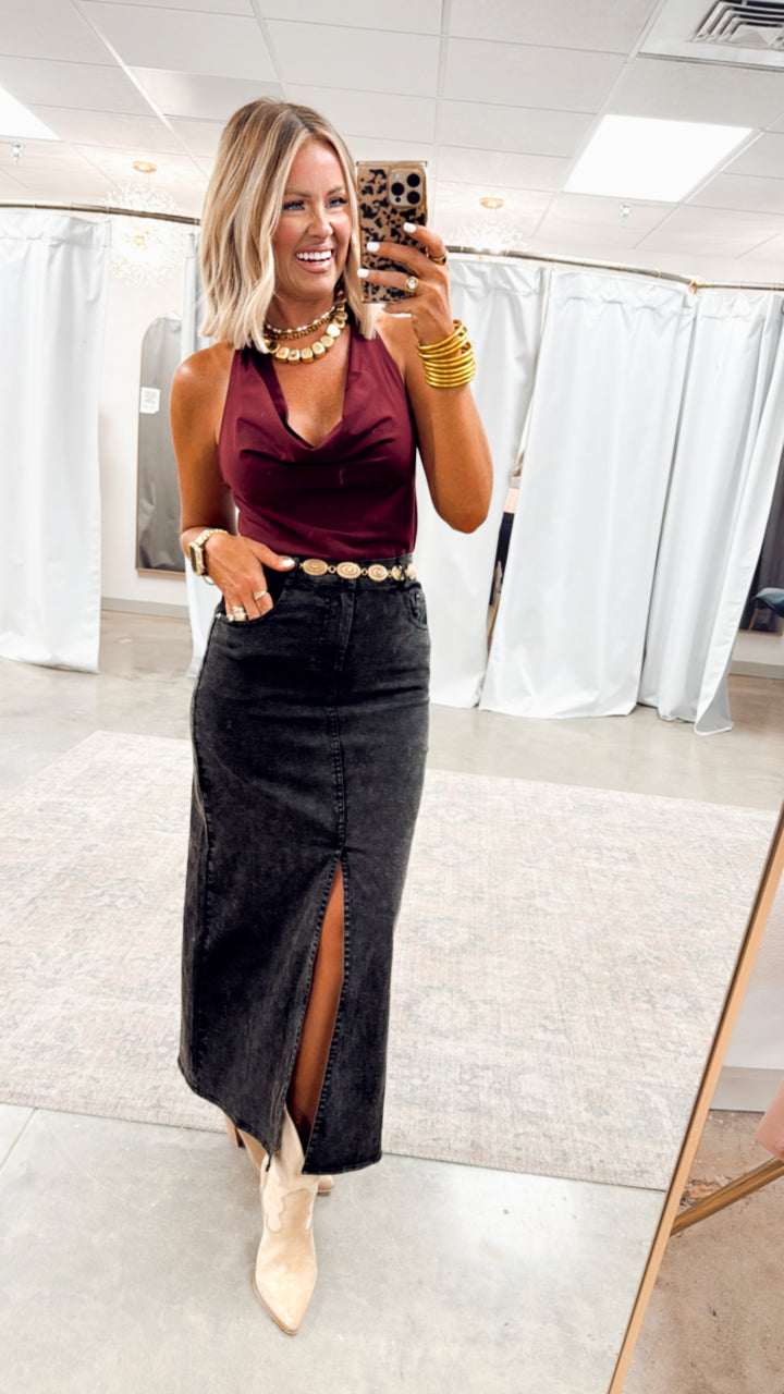 Cowl Neck Ruched Halter Top-Maroon