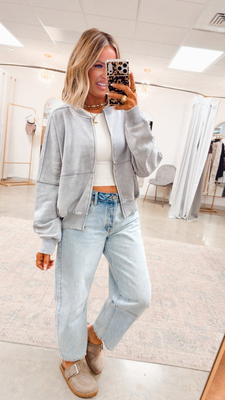 The Hayes Washed Fleece Zip-Up- Grey