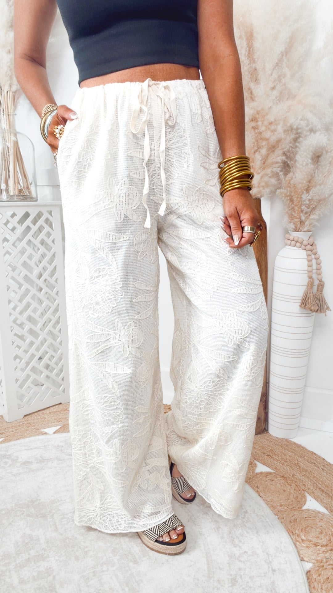 The Palm Petal Wide Leg Pants-Natural