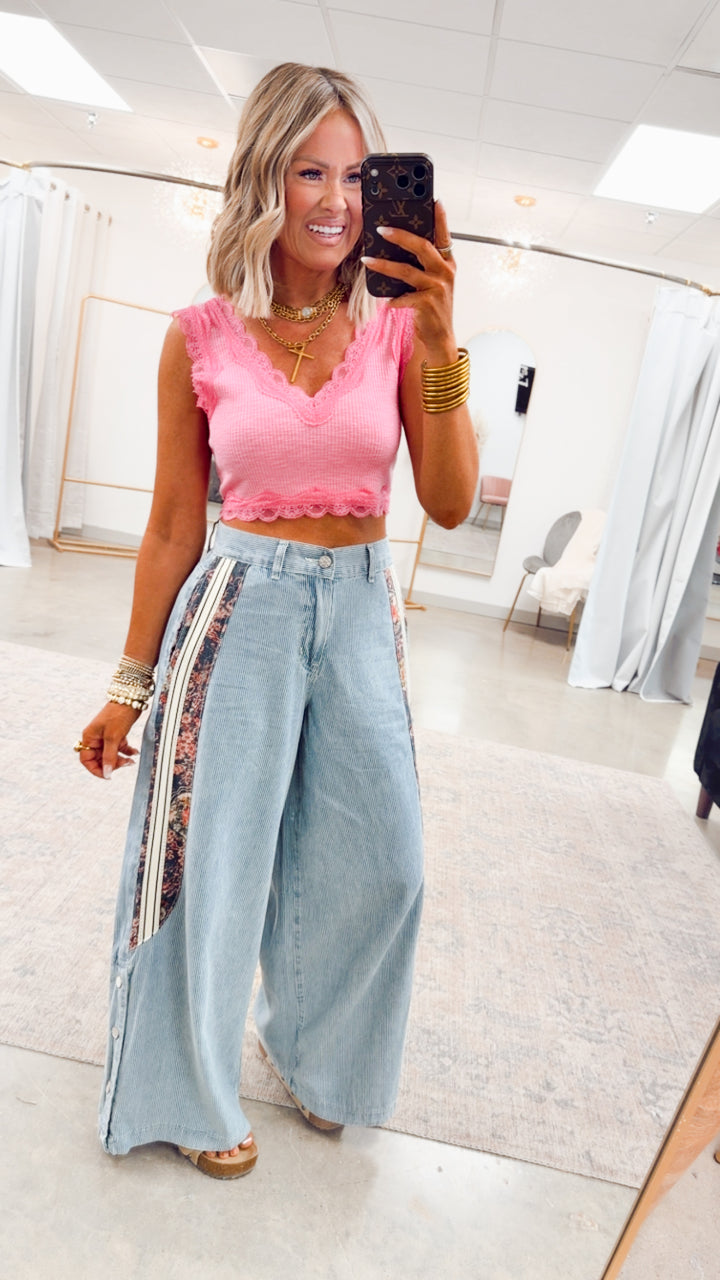 Noa Lace Crop Tank-Fuchsia