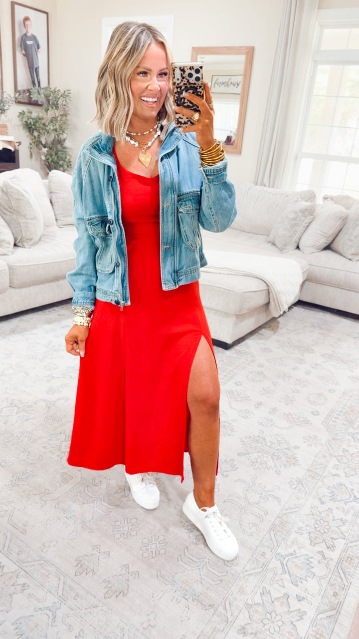 The Delaney Slit Midi Dress-Red