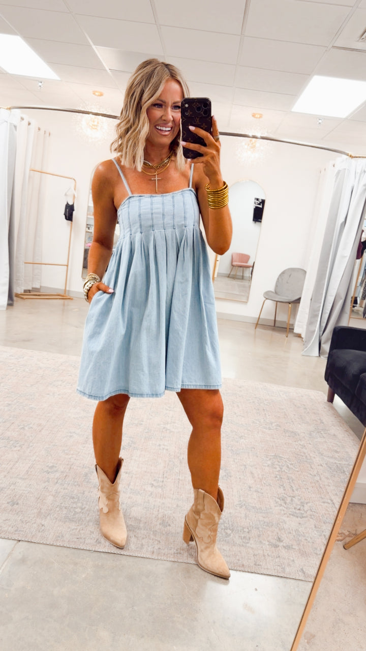 Teagan Pleated Mini Dress-Light Denim