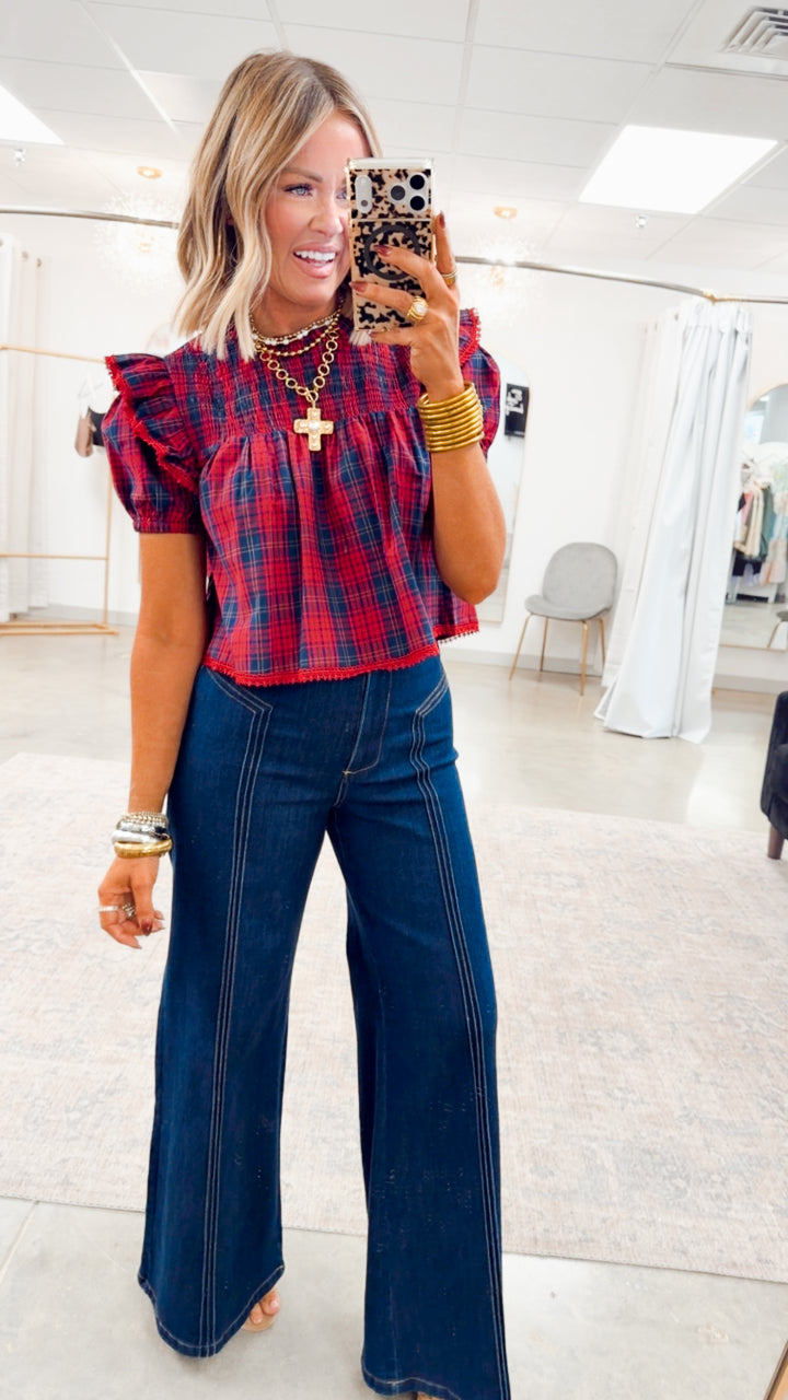 Plaid Tidings Top-Red/Navy