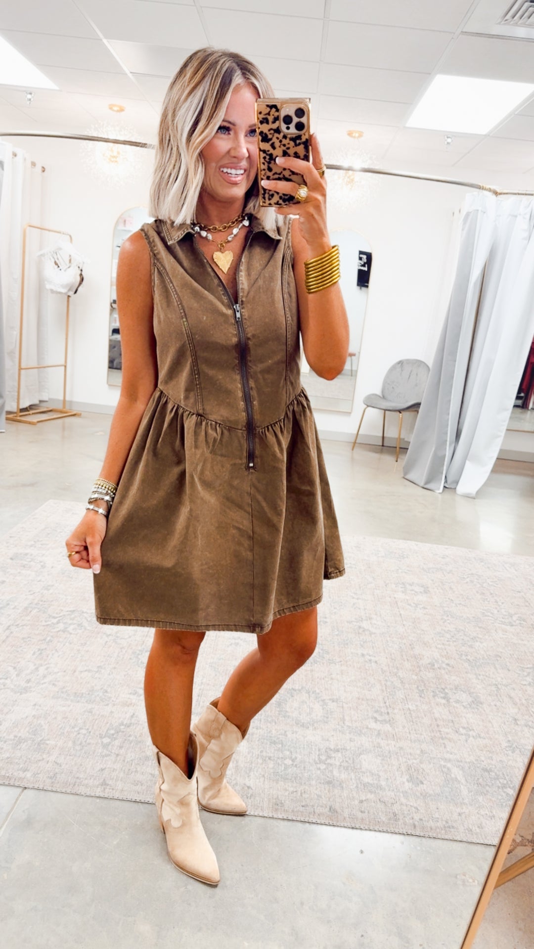 The Lacey Twill Mini Dress-Brown