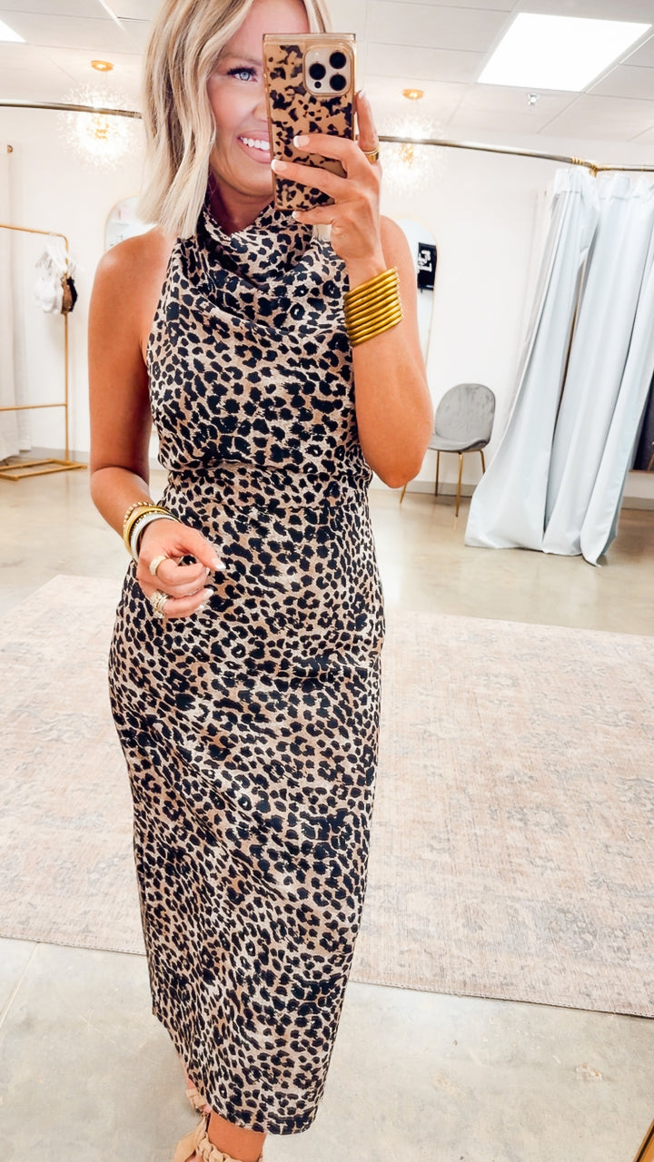 Leopard Halter Cowl Neck Midi Dress