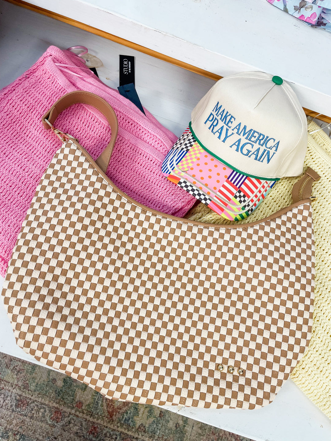 Sienna Slouchy Woven Shoulder Bag-Checkered Tan
